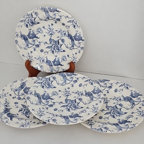 Staffordshire Engravings Bird of Paradise Salad Plate 7" blue white chintz set/4 - Picture 4 of 11
